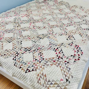 Antique 1880s Ocean Waves Quilt with Tiny Piecework, Hand Quilted, 60” x 74”