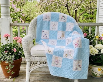 Vintage 1940s Kinder Reim Baby Quilt - Handbestickt - 102 x 142 cm