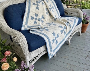 Antique 1900-1920 Indigo Blue & White Quilt - Pfeilspitze Cutter Quilt - 178,5 "x 200,5"