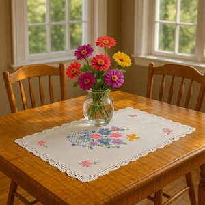 Hand Embroidered Baskets and Butterflies Linen Table Runner with Lace Border; vintage table runner; circa 1940s,cottagecore; 13" by 20"