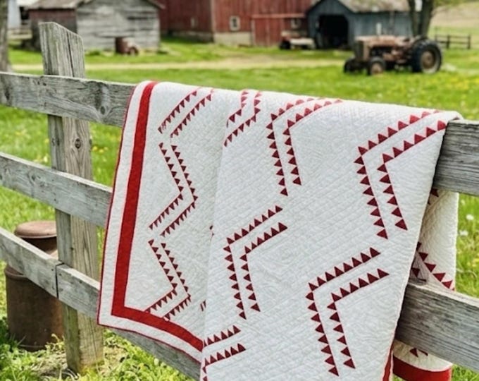Featured listing image: Rare Antique Little Sawtooth Variation Quilt: 1880s; initialed "H"; hand-quilted (74x92)