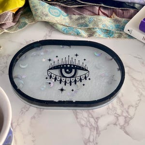 Mystic Eye Resin Tray | Holographic Celestial Trinket Tray | Witchy Altar Decor | Black Evil Eye Dish | Spiritual Gift for Her