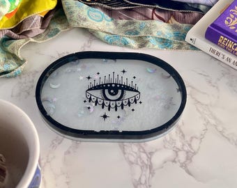 Mystic Eye Resin Tray | Holographic Celestial Trinket Tray | Witchy Altar Decor | Black Evil Eye Dish | Spiritual Gift for Her