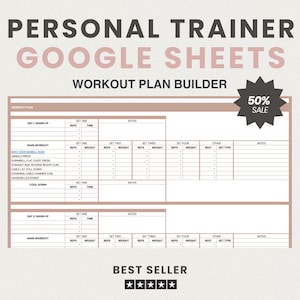 Könnte beinhalten: Eine digitale Trainingsplanvorlage für Google Sheets. Das Design verfügt über ein hellbraunes und weißes Farbschema mit dem Text "Personal Trainer Google Sheets Workout Plan Builder". Enthält Abschnitte für Trainingsdetails und ein "50% Sale"-Abzeichen.