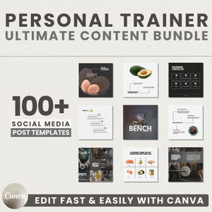 May include: A promotional graphic for a personal trainer's social media content bundle. The image features a grid of sample social media post templates, including graphics with eggs, avocados, and workout tips. Text includes "Personal Trainer Ultimate Content Bundle" and "Edit Fast & Easily With Canva."