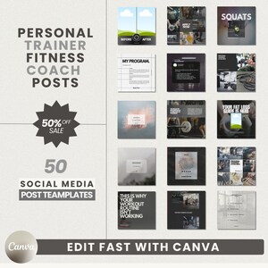 Szablony postów w mediach społecznościowych dla trenerów personalnych, trener fitness CANVA (pobieranie cyfrowe) Czarny Ciemny