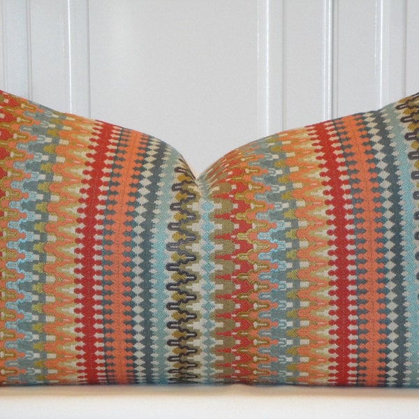 Decorative Pillow Cover -  IKAT Zig Zag - Aqua - Orange - Rust - Tan - Blue - Lumbar Pillow