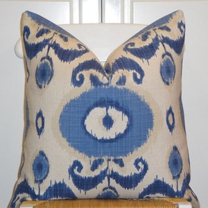 Decorative Pillow Cover - Throw Pillow - Accent Pillow - Blue - Natural - IKAT - Cover Only