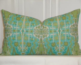 Decorative Pillow Cover - 15 x 25 - Accent Pillow - Aqua - Blue - Olive Green - IKAT Pillow cover