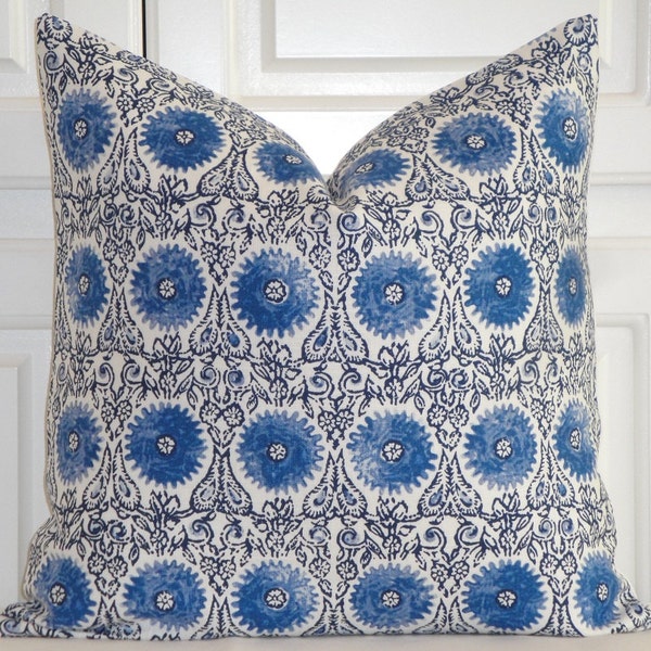 DURALEE - Decorative Pillow Cover - Floral Suzani in Navy Blue - Accent Pillow - Euro Sham - Linen Pillow