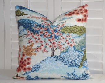 Decorative Pillow Cover - Floral Chinoiserie style - Coral Blue accent cover - Print on the front only