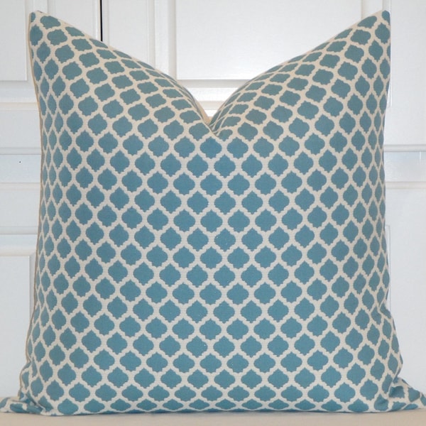 Aqua Quatrefoil Pillow Cover  - Moroccan Pillow Cover - Geometric Pillow - Sofa Pillow - Cushion  - Pillow Case - Blue and Off-White