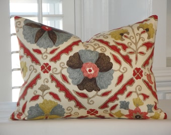 BOTH SIDES - Decorative Pillow Cover - Floral - Red - Yellow - Brown - Teal - Tan - Accent Pillow