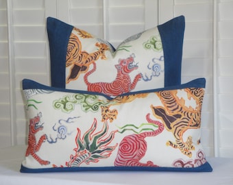 Chinoiserie Decorative Pillow Cover - Dragon and Tiger accent pillow cover - Dragon Cushion - Chinoiserie style bed pillow - Denim Pillow