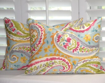 BOTH SIDES - Decorative Pillow Cover - Floral Paisley - Turquoise - Aqua - Pink - Green - Bed Pillow - SOLD Separately