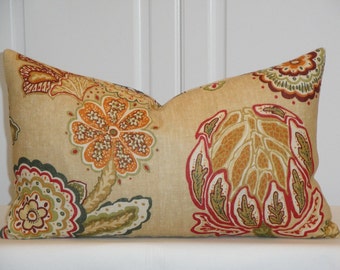 DURALEE - BOTH SIDES - Decorative Pillow Cover - Floral - Orange - Red - Green - Camel - Jacobean print - Accent Pillow