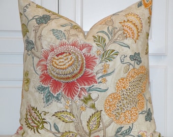 Decorative Pillow Cover - Floral - Jacobean - Accent Pillow - Euro Sham - Linen Pillow - Red - Aqua - Orange