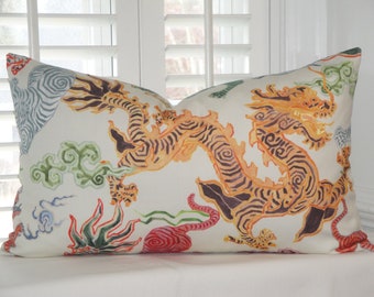 Chinoiserie Decorative Pillow Cover - 15 x 25 Dragon and Tiger accent pillow cover - Dragon Cushion - Chinoiserie style bed pillow