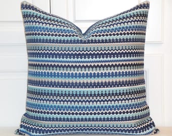 Decorative Pillow Cover - Chenille Accent Throw Pillow - Navy Aqua Blue Tan - Toss Pillow
