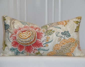 Decorative Pillow Cover - Floral - Jacobean - Accent Pillow - Euro Sham - Linen Pillow - Red - Aqua - Orange