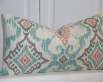 IKAT Decorative Pillow Cover - Aqua Coral Grey Pillow - Accent Pillow - Kilim Pillow - Pattern on the front only