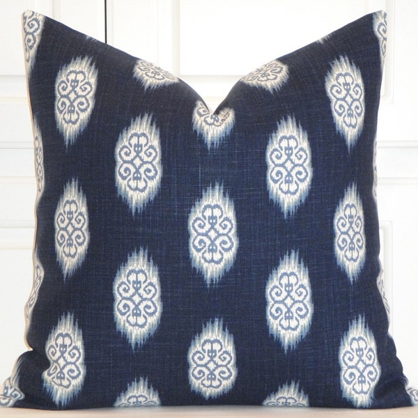 Decorative Pillow Cover - Throw Pillow - Accent Pillow  - IKAT- Blue Navy - Light Blue - Sofa Pillow - White Backing