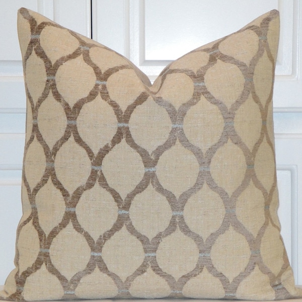 Neutral Quatrefoil Pillow Cover  - Tan - Medium Brown - Spa Blue - Chenille Accent - Moroccan Pillow - Trellis - Geometric