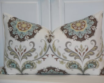 DOUBLE SIDED - 15 x 25 - Suzani Decorative Pillow Cover - Aqua Blue - Grey - Brown - Pale Yellow- Floral Medallion