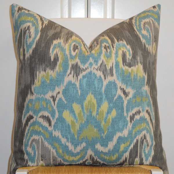 Decorative Pillow Cover - Teal Blue - Kiwi Green - Tashkent IKAT Pillow - Gray - sofa Pillow - Chair Pillow