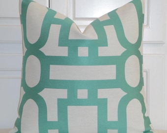 Decorative Pillow Cover - Trellis Pillow - Lattice - Geometric - Aqua/Green Pillow - Custom Designer Pillow - Sofa Cushion