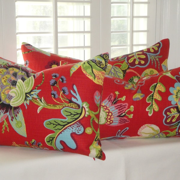 DOUBLE SIDED - Decorative Pillow Cover - Festive Floral - Red - Green - Aqua - Yellow - Lime - Pink - Accent Pillow - SOLD Separately!