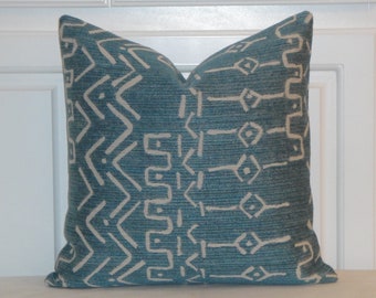 Decorative Pillow Cover - 17 x 17 Teal pillow Cover - Mudcloth style accent pillow