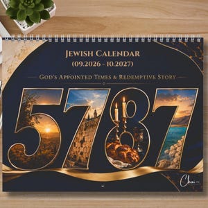Pode incluir: Um calendário judaico de espiral para 09.2026 a 10.2027 intitulado God's Appointed Times & Redemptive Story. A capa apresenta o grande número 5787 com contornos dourados, contendo imagens de paisagens e motivos religiosos dentro dos dígitos.