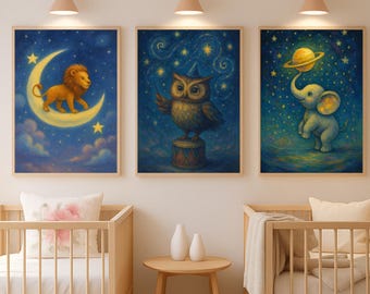 Nursery Wall Art Magical Night Sky Nursery Prints: Van Gogh Style Owl, Lion, Elephant (Digital Download)