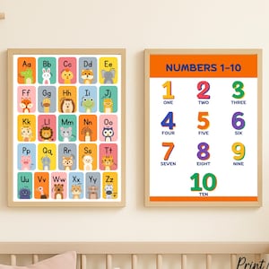 Nursery Wall Art Alphabet & Numbers Poster Set: Animal ABCs, 1-10 Learning (Digital Download A4 Size)