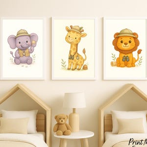 Safari Adventure Nursery Prints – Giraffe, Elephant & Lion Explorer Wall Art Set – Jungle Animals Kids Room Digital Download