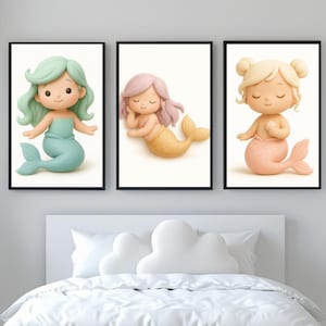 Nursery Wall Art Mermaid Prints – Cute Pastel Baby Mermaid Illustrations for Kids Room and Ocean Theme Decor – A4 & 8x10&quot; Digital Download