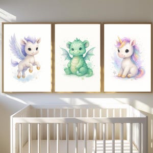 Art mural pour chambre d&#39;enfant, impressions de licorne, de dragon et de pégase - décoration de chambre de bébé fantastique - téléchargement numérique A4 et 20 x 10 po.
