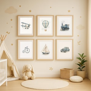 Vintage transport kinderkamer prints set – muurkunst jongenskamer, vliegtuig, trein, auto, heteluchtballon, zeilboot, fiets – digitale download