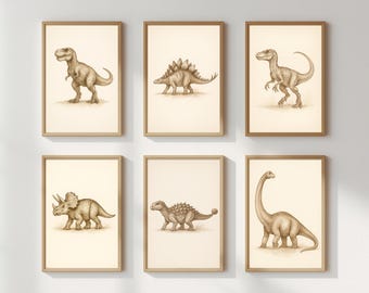 Dinosaurs Set Of 6 – Vintage Sepia Sketch T-Rex, Triceratops, Stegosaurus, Brachiosaurus + 2 | Nursery Wall Art, Multi-Size Digital Download