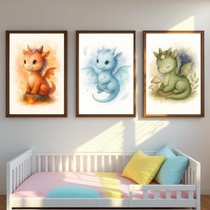 Nursery Wall Art Baby Dragon Prints – Cute Fantasy Kids Room Decor in Green, Blue and Orange – A4 & 8x10” Digital Download