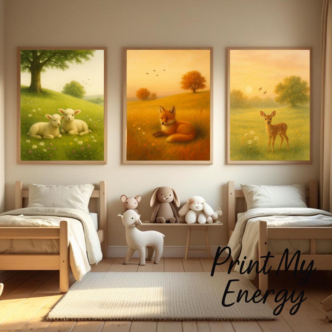 Woodland Animal Nursery Prints Set of 3 – Baby Fox, Lambs & Fawn Wall ...