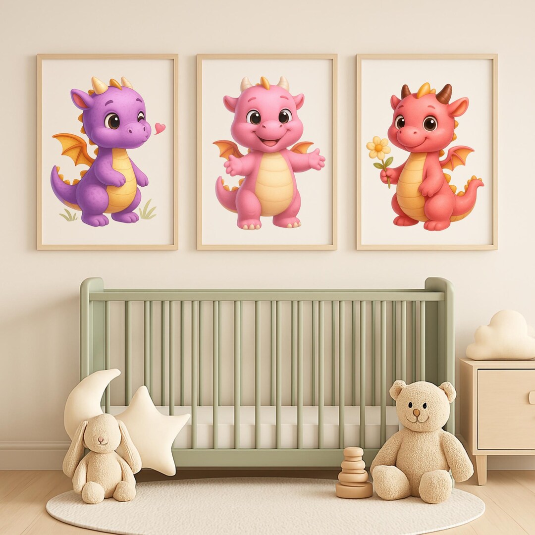 Cute Baby Dragon Nursery Wall Art Set – Pink & Purple Dragon Digital ...