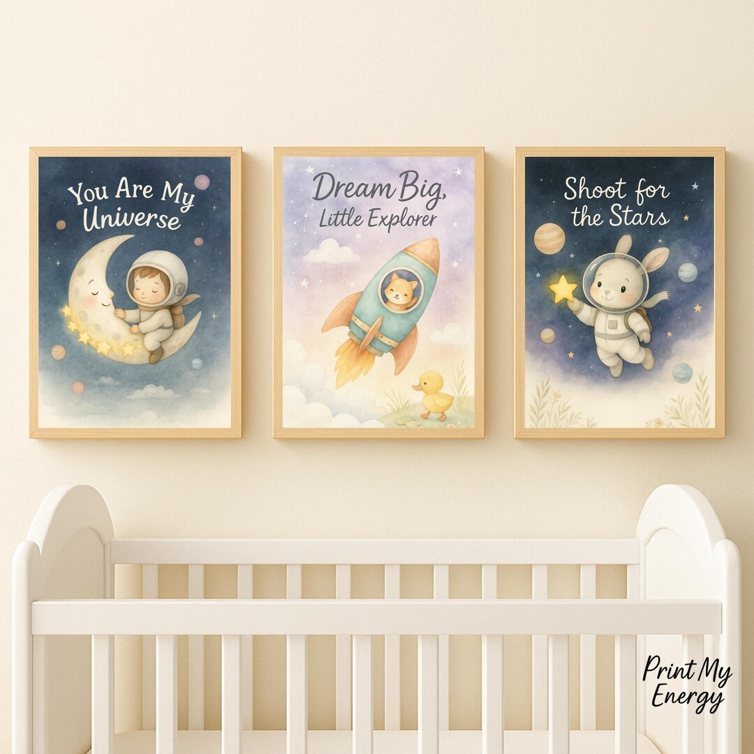 Space Nursery Wall Art – Set of 3 Prints – Astronaut Bunny, Rocket Cat ...