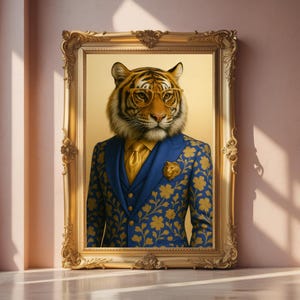 Impresión artística de tigre con traje azul: elegante retrato animal (descarga digital, A4 y 8x10&quot;)