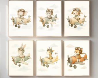 Animal Pilot Airplane Nursery Prints – Vintage Aviator Set (Puppy, Fox, Giraffe, Tiger, Elephant) | A4 & 8x10 Wall Art for Kids Rooms