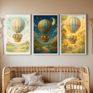 Nursery Wall Art Hot Air Balloon Animals – Cute Bear, Lion and Elephant Prints – A4 & 8x10” Digital Download