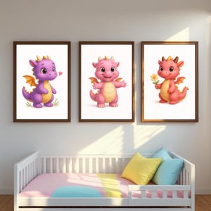 Cute Baby Dragon Wall Art Set – Nursery Digital Prints | Pink & Purple Cartoon Dragon Decor for Kids Room or Playroom | Instant Download