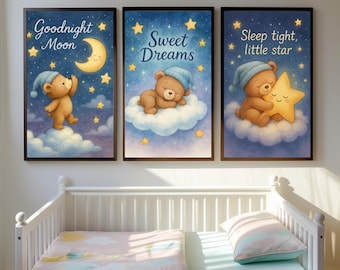 Nursery Wall Art Sleepy Bear Nursery Prints: Goodnight Moon, Sweet Dreams (Digital Download A4 & 8x10&quot;)