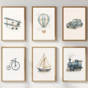 Vintage Transport Set Of 6 – Blue Watercolor Balloon, Train, Car, Plane, Boat and Bike | Nursery Wall Art | A4 & 8x10 Digital Download